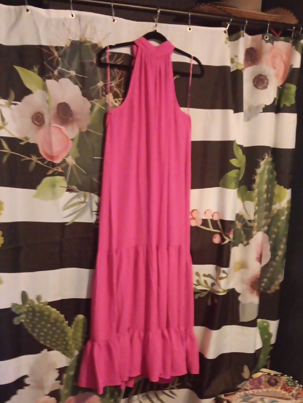 MSK Hot Pink Halter Tiered Maxi Dress